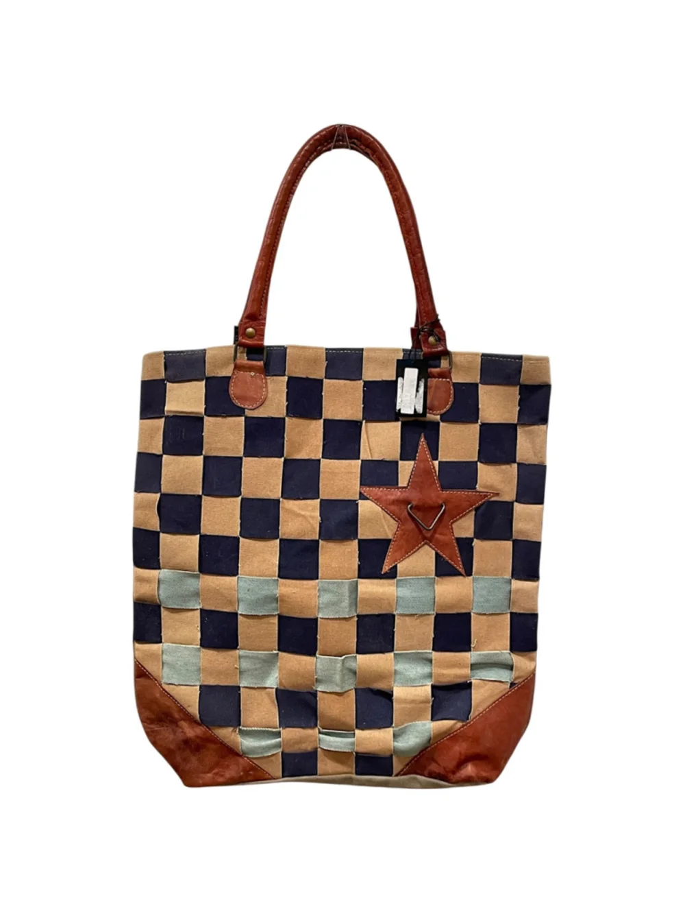 Women's Woven Checkered Canvas Tote Bag Leather Star Handbag NWT